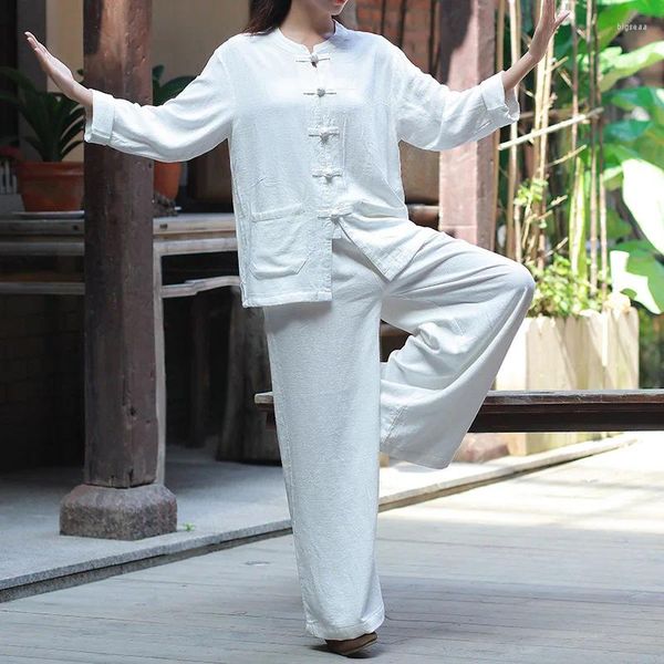 Damen Zweiteilige Hosen Frauen Chinesische Baumwolle Leinen Sets Damen Lose Solide Vintage Flachs Tops Bluse Elastische Taille Hosen Weibliche Anzüge
