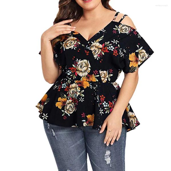 Kadınlar bluzları Blusas Mujer Kadın Üstleri ve Yaz Kısa Kollu Gömlek Soğuk Omuz Çiçek Peplum Tunik Üst Bluz Blusa Feminina