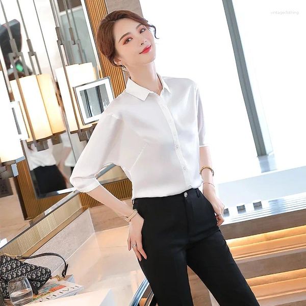 Blusas femininas verão formal camisas femininas branco meia manga 2 peça calça e topos define escritório senhoras trabalho blusa pantsuits