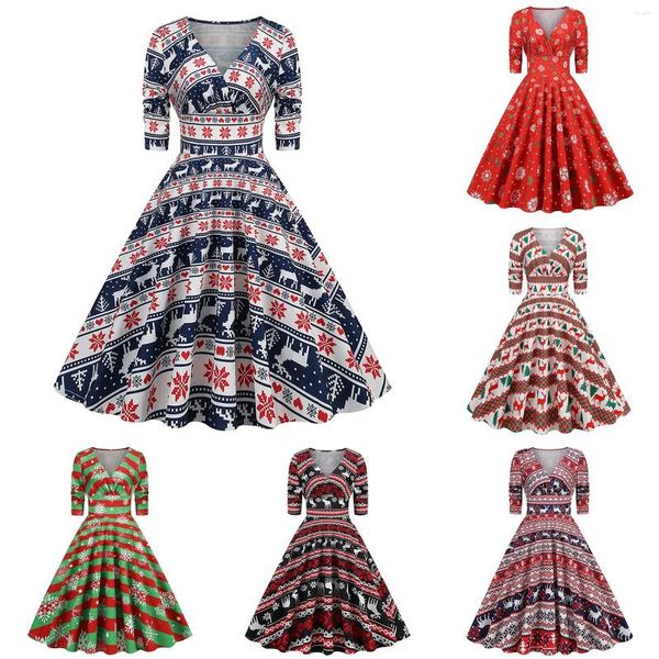 Casual Kleider Weihnachten Party Kleid Frauen 2023 Halbe Hülse V-ausschnitt Elegante Vintage Print Weihnachten Elch Vestidos Jahr Prom Sommerkleid robe