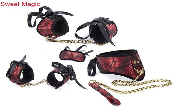 SM Foltergerät 4PCS BDSM Slave Bondage Restraint Handschellen FußfesselnHalsband und Augenbinde Set Erwachsene Sexspielzeug für Paare9511184