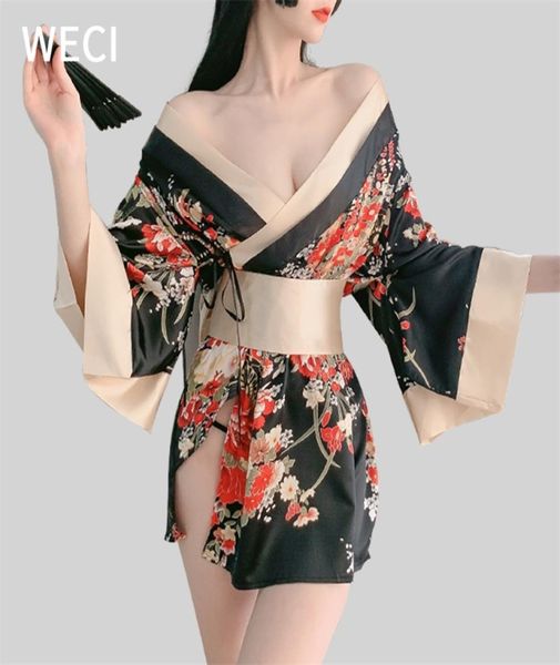 WECI Women039s Kimono Nachtwäsche Seidenpyjamas Cosplay Weibliches Japanisches Kostüm Schwarz Rot Sexy Dessous Exotisches Nachtkleid Underwe5715296