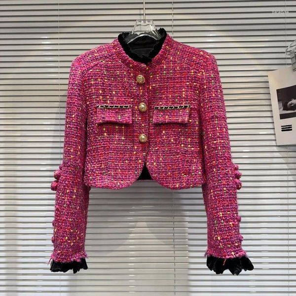 Damenjacken PREPOMP 2024 Frühling Ankunft Stehkragen Metallknöpfe Bunte Tweed-Bogenhülse Rose Rosa Kurze Jacke Frauen GP048