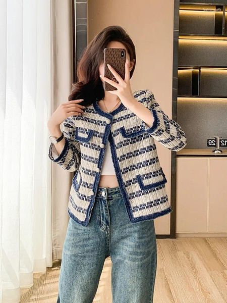Damen Jacken Herbst Kurzmantel Koreanische Mode Denim Splice Tweed Cropped Top Temperament Streetwear Vintage Oberbekleidung