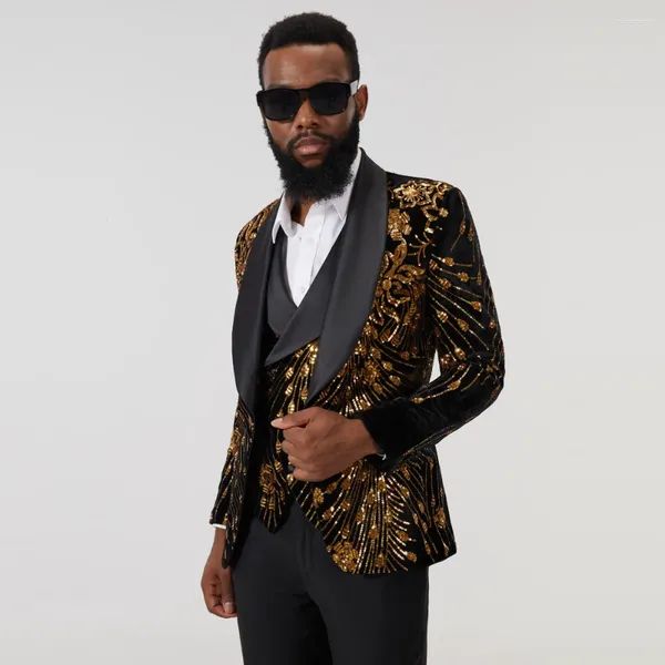 Herrenanzüge Herren Luxus Gold Pailletten Blazer Jacke Schal Revers ein Knopf glänzender Hochzeitsfeieranzug Tuxedo Weste