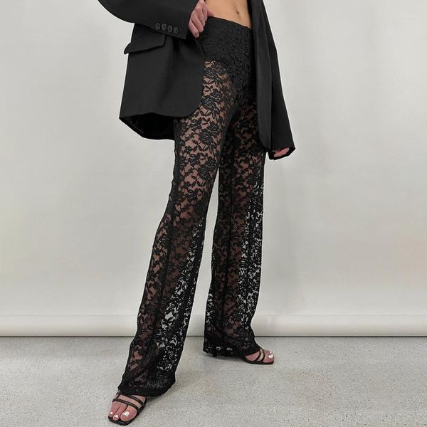 Calças femininas moda estilo longo produto sexy all-matching renda transparente retalhos em linha reta mostrar perna tentação preto