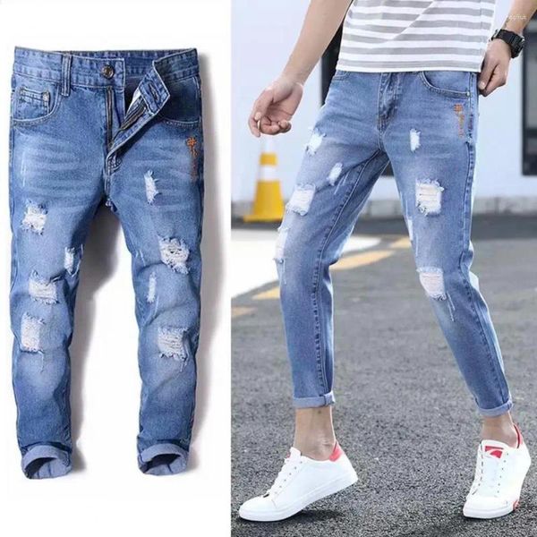 Jeans da uomo pantaloni slim in denim lavabile leggeri e versatili alla moda con fori strappati