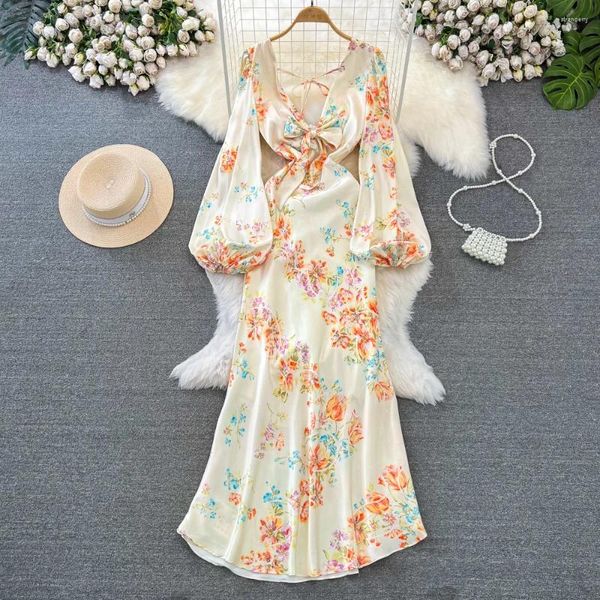 Vestidos casuais elegante wome cetim vestido longo profundo decote em v lanterna manga magro a linha floral impressão vestidos feminino festa de aniversário robes