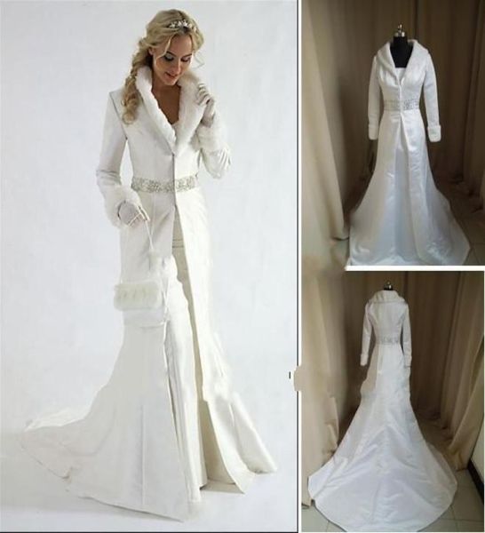 Pelliccia intera Una linea Avvolgente senza spalline in raso Abito da sposa invernale bianco Mantello Cappella strascico Cappotto a maniche lunghe in raso per la sposa9390696