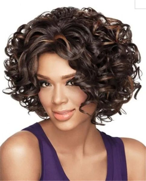 Perücken WoodFestival Afro-Perücken mit verworrenem lockigem Haar, mittellange hitzebeständige Kunstfaser-Perücke für Damen, Braun-Mix, schwarze Farbe, Kostümmode