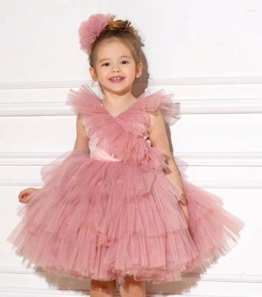 Mädchenkleider aus rosa Tüll für Blumenmädchen zur Hochzeit, ärmelloses Ballkleid, Perlen-Erstkommunion-Kinderkleid mit großer Schleife