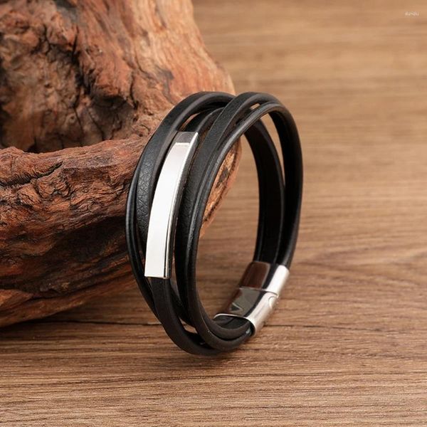 Charm-Armbänder MKENDN Persönlichkeit Benutzerdefinierte Edelstahl Schwarz Metall Herren Handgefertigtes Echtes Leder ID-Armband mit Magnetverschluss