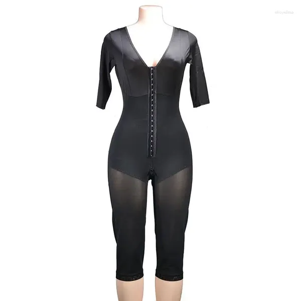 Shapers femininos meia manga comprida três fileiras com zíper cor preta mulheres bodysuit busto aberto bunda-lifting shapewear roupa interior corpo