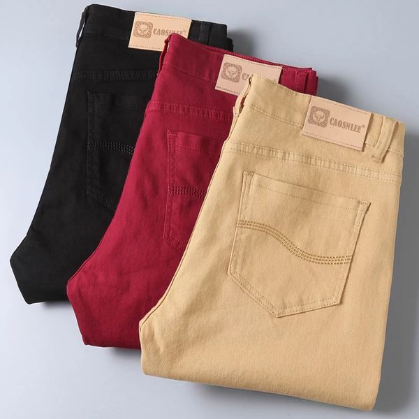 Moda negócios casual em linha reta vermelho preto cáqui branco calças jeans streetwear clássico de alta qualidade jeans magros homens 2312129