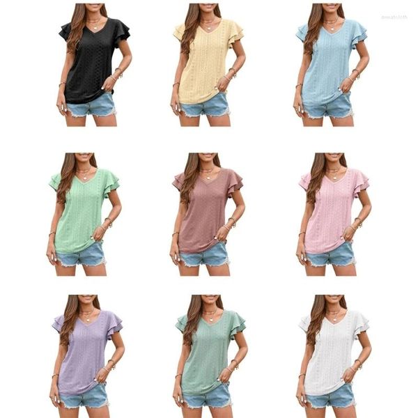 Женские футболки, женская летняя свободная однотонная футболка, многослойные туники с рюшами и короткими рукавами, топы с люверсами