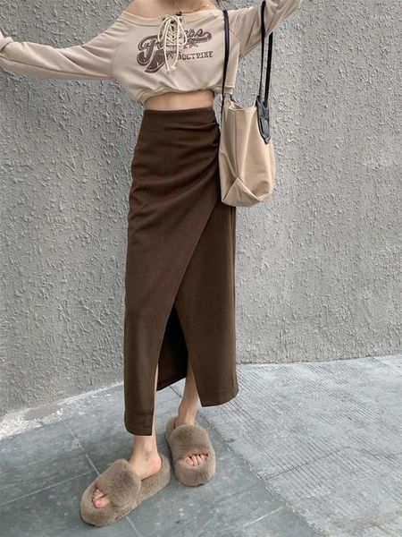 Saias Ohryiyie Brown Woolen Malha Saia Mulheres 2023 Moda Split Mid Long Cintura Alta Uma Linha Feminina Slim All Match