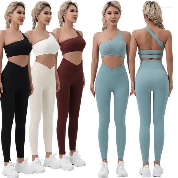 Set attivi Solider Colore Leggings Tuta da yoga Reggiseno con spalle scoperte da donna Pantaloncini incrociati Pantaloni da allenamento fitness Set sportivo Abiti da donna