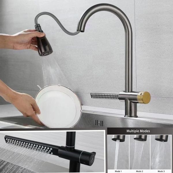 Küchenarmaturen, verbesserter Edelstahl-Wasserfall-Waschtischarmatur, 360° drehbar, herausziehbar, mehrere Modi, Wasserauslass