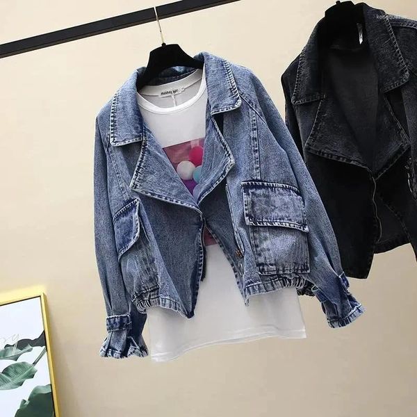 Damenjacken, Retro-Denim-Motorradmäntel, Frühlings-Herbst-Mode, Street-Style, lockere langärmelige, große Revers-vielseitige Top-Jacke