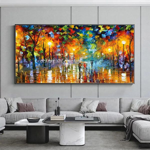 Arthyx-pintado à mão noite espessa pintura a óleo sobre tela arte de parede moderna paisagem abstrata imagem para sala de estar decoração de casa 231228