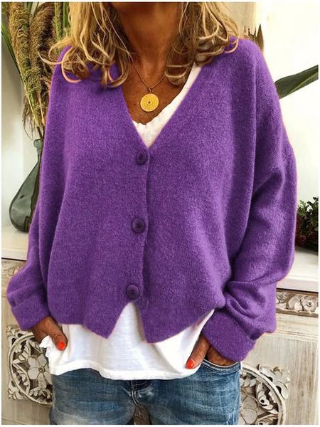 Primavera Autunno Donna Maglione lavorato a maglia allentato con scollo a V Manica lunga Bottone Tinta unita S3XL Maglieria Cardigan Top 231228