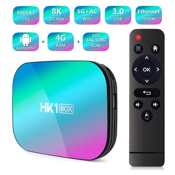 HK1 Amlogic S905X3 Tv Box Android 9.0 Smart 1000m 8K 128g Rom Quad Core 4G Ram 64g Lettore multimediale Set Top Box TVBOX