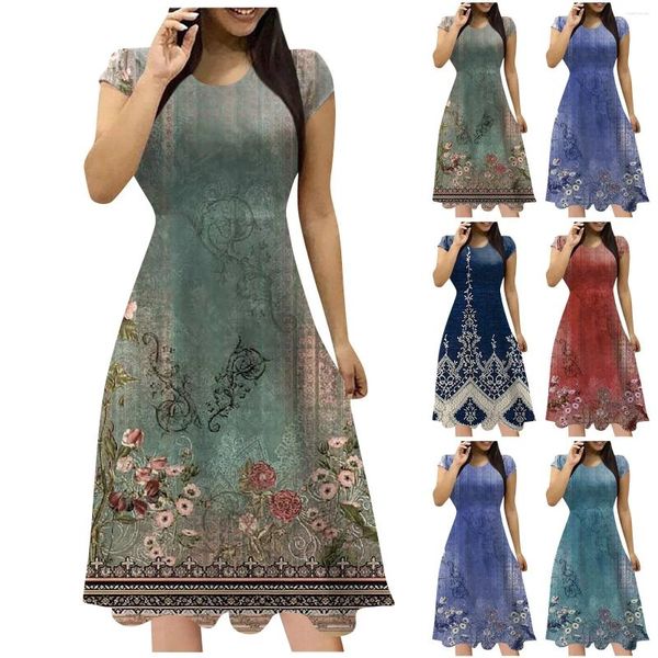 Vestidos casuais mulheres pele-amigável moda férias boêmio impresso padrão verão tripulação vestido venda vestidos