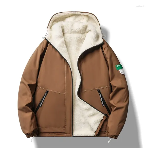 Мужские куртки 2023, утолщенная флисовая куртка из ягненка, пальто с капюшоном, зимнее плюшевое хлопковое ветрозащитное и морозостойкое пальто