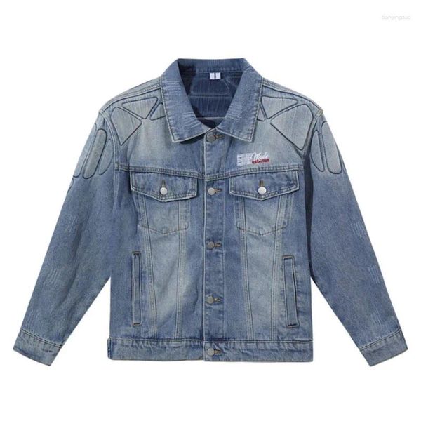 Giubbotti da uomo Mens Harajuku Retro Azzurro Cotone Denim 2023 Inverno Lavato Armatura Pannello Jeans Cappotti da moto di alta qualità