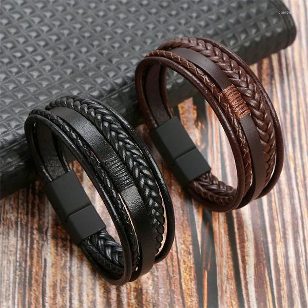 Charm Armbänder Mode Mattschwarz Magnetschnalle Herren Lederarmband Kreativer mehrschichtiger gewebter Schmuck Geschenk