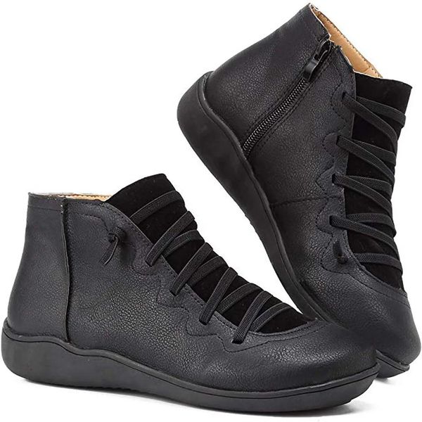 Schuhe Frauen Schuhe Cross Gurt Schnüre -up Girls Boots PU Leder Femme Schuhe Frühling Herbst Damen Knöchelstiefel WJ003