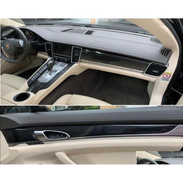 Adesivos de carro para porsche panamera 2010 interior painel de controle central maçaneta da porta decalques de fibra carbono estilo accessorie1004876 gota d dh2nx