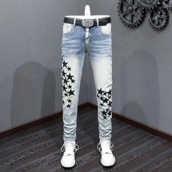 Calças de brim masculinas High Street Moda Homens Retro Lavado Azul Estiramento Skinny Estrelas Patch Designer Hip Hop Marca Calças Hombre