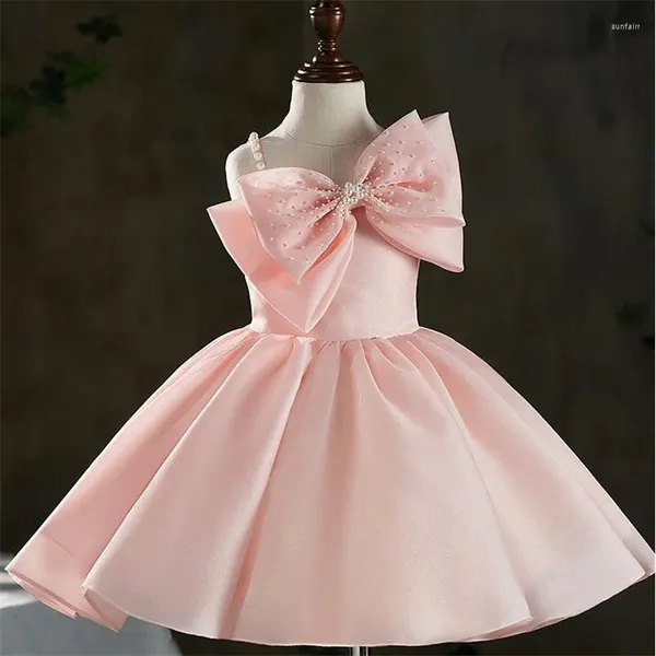Vestidos de menina estilingue aline sem mangas pérola arco vestido de festa infantil meninas aniversário casamento rosa branco bebê