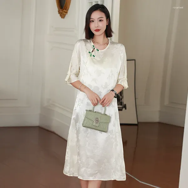 Повседневные платья, шелковое однотонное женское платье в китайском стиле, мода 2023 года с круглым вырезом и короткими рукавами, летняя одежда с цветочным принтом, элегантное атласное платье в стиле ампир