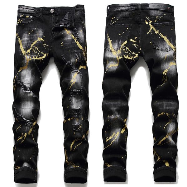 Stampe graffiti da uomo di lusso leggero Jeans strappati Graffi slim fit Jeans neri Pantaloni in denim elasticizzato lavaggio bianco Jeans casual; 231229