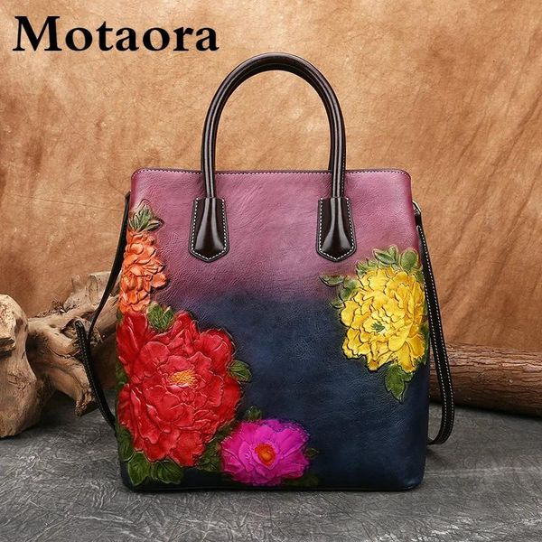 Taschen Motaora Retro Women Bag Vintage Eimer Umhängetaschen für Frauen 2023 Neue handgefertigte EMED Leder Handtasche Blumentasche weiblich