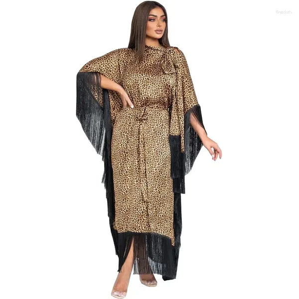 Abbigliamento etnico Abito alla moda moderno Maniche a pipistrello Nappe Caftano Abiti da festa con stampa leopardata Elegante abito arabo Dubai con cintura Abaya