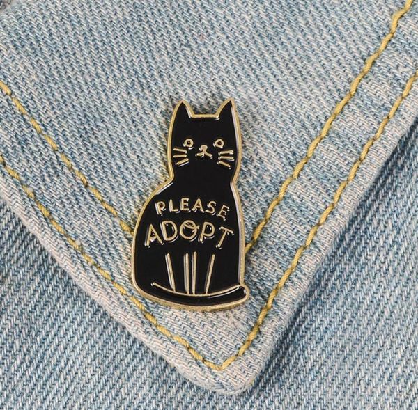 Broches de gato esmaltados pretos, alfinetes de botão para bolsa de roupas, por favor, adote o emblema de desenho animado, joia de animal, presente para amigos c36085865