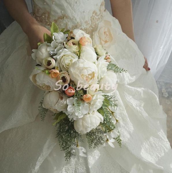 Buquê de casamento em cascata com rosas e peônias, buquê de flores para noivas e meninas, decoração de festa em casa, flor de mesa falsa, branco, rosa 7994017
