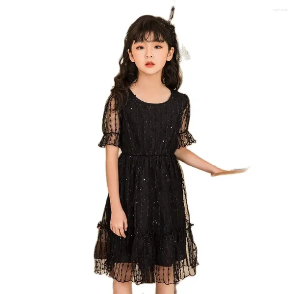 Vestidos de menina preto manga bufante moda vestido para meninas adolescentes 12 13 14y estilo coreano criança crianças bebê sólido lantejoulas princesa vestido de verão
