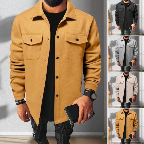 Herrenjacken Herren Button-Down-Hemdjacke Stilvolles Revers mit Pattentaschen Herbst Winter Einfarbiger Mantel für Freizeitkleidung