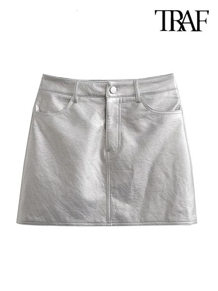 TRAF Women Fashion Front Pockets Faux Leather Silver Mini Mini Юбка Винтаж высокая талия на молнии женские юбки Mujer 231228