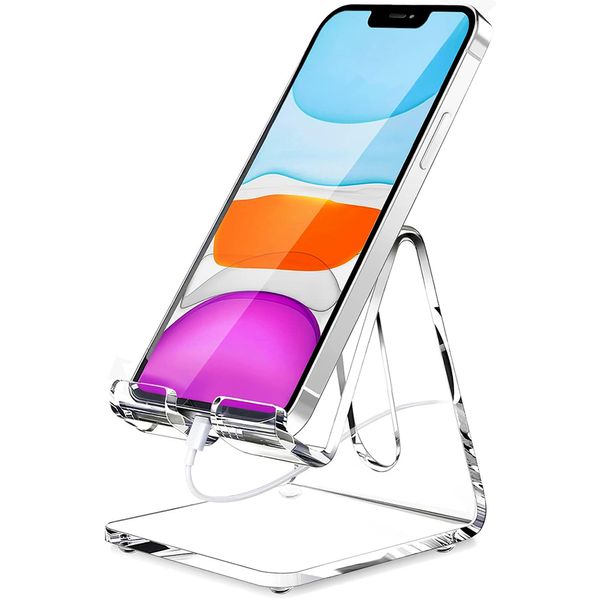 Suporte de telefone celular acrílico transparente Suporte de mesa transparente para iPhone 15 14 13 Pro Max Mini 12 11 Plus SE iPad Android Smartphone e Tablet