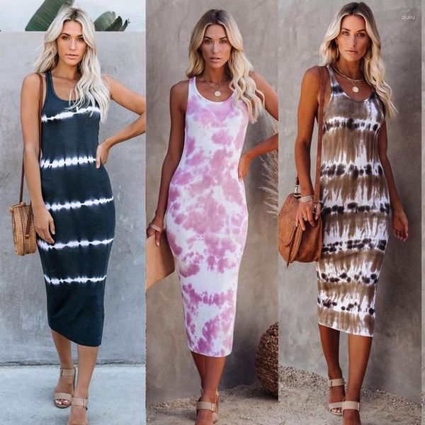 Vestidos casuais Amazon Wish2023 Primavera Verão Moda Euro Tie-Dye Imprimir Gradiente Cor Solta Manga Curta Vestido Mulheres