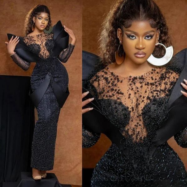 Plus Size Aso Ebi Ballkleider für besondere Anlässe, lange Ärmel, Meerjungfrau, Pailletten, Spitze, Perlen, Abendkleid, formelles Kleid für afrikanische schwarze Frauen, Geburtstagsparty-Kleider, NL172