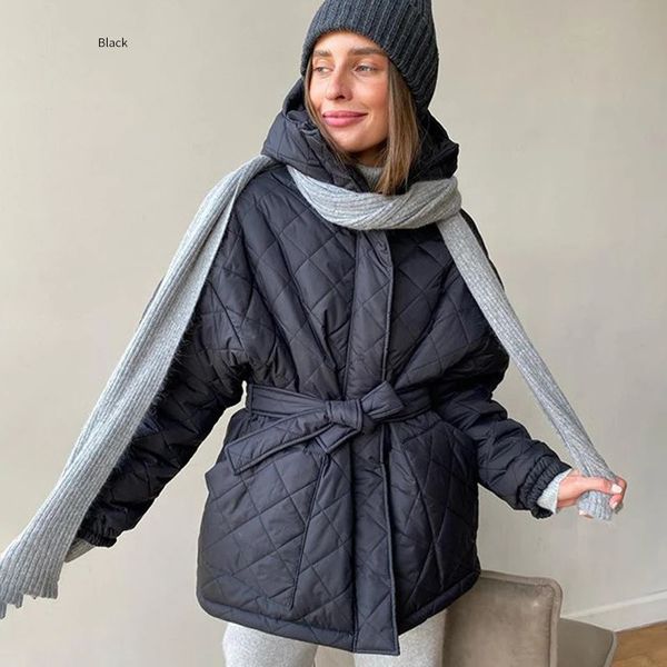 Casual Lose Mit Kapuze Parka Mode Feste Dicke Kurze Mantel Elegante Krawatte Gürtel Baumwolle Jacken Weibliche Damen Tragen Tücher 231228