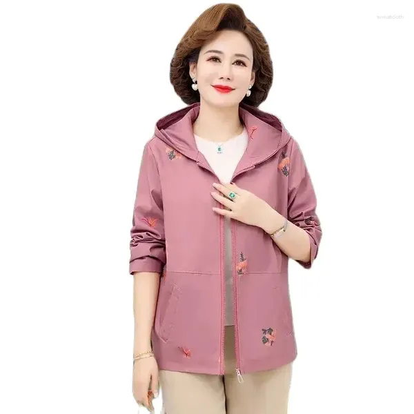 Trench da donna 5XL Primavera Autunno Giacca a vento da mamma Giacca con cappuccio con stampa di moda Nobili donne anziane di mezza età Cappotto corto con cerniera