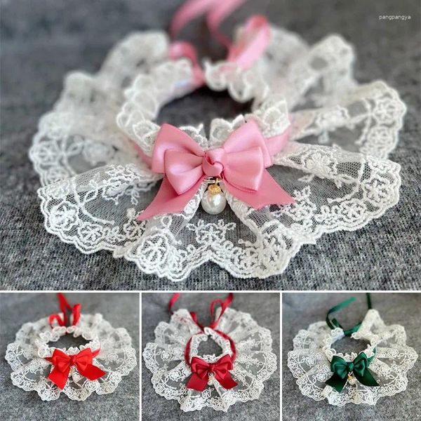 Collari per cani Collare in pizzo con perle bowknot per cuccioli di gatto Collana con bavaglino per animali domestici Cravatta Accessori per sciarpe