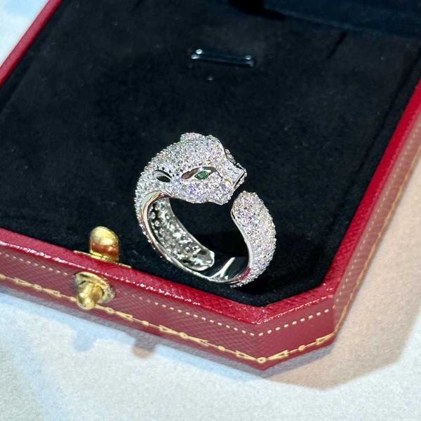 Bulgarie Carer Original Luxus-Designer-Ring, breiter Leopardenkopf-Volldiamant, hochwertiges 925er-Sterlingsilber, besetzt mit funkelnden Diamanten, grünäugiger Geparden-Essensring